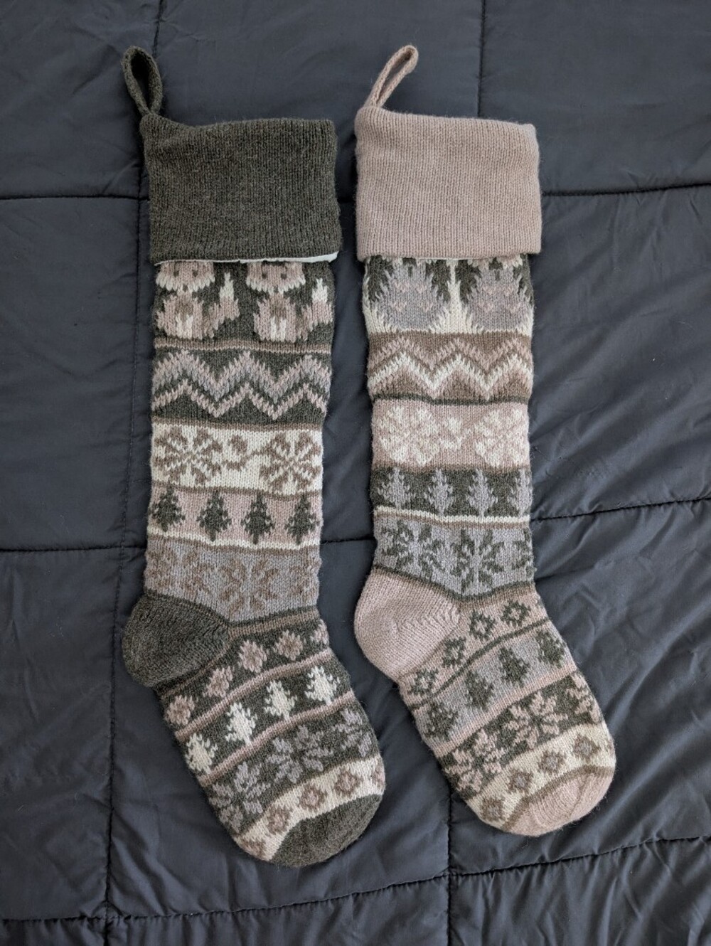 Knit Fox & Owl 28" Holiday Stockings in Olive and Taupe